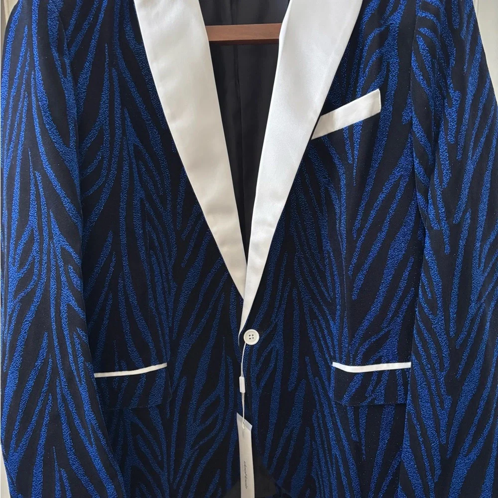 Doohoob elegant Blue and Black Blazer with White Accents glitter glitz statement